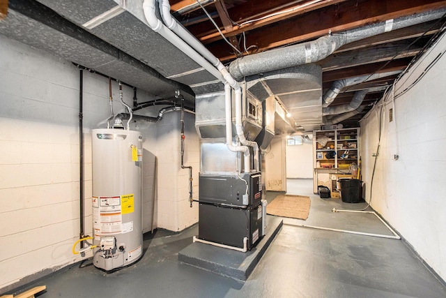 unfinished below grade area with water heater, concrete block wall, and heating unit