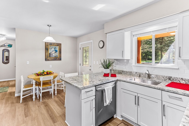 kitchen with white cabinets, a sink, dishwasher, a peninsula, and backsplash