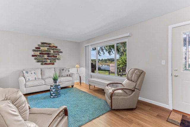 living area with baseboards and wood finished floors
