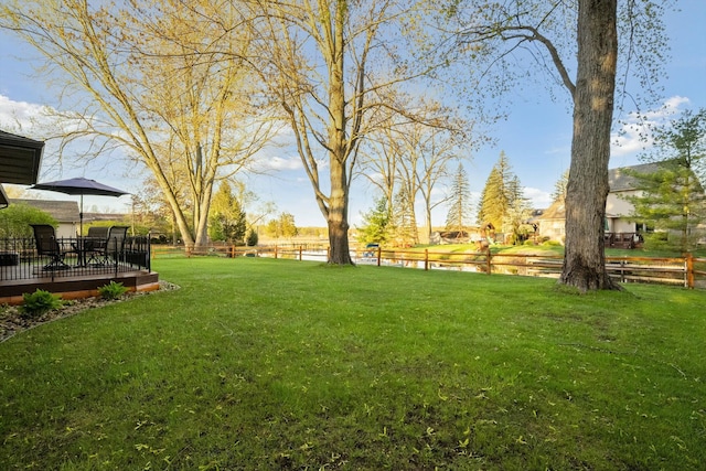 view of yard with fence and a deck
