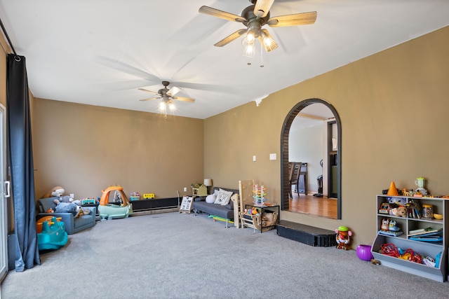 21160 Inkster Rd, Southfield, MI 48033 - game room with a ceiling fan, carpet, and arched walkways