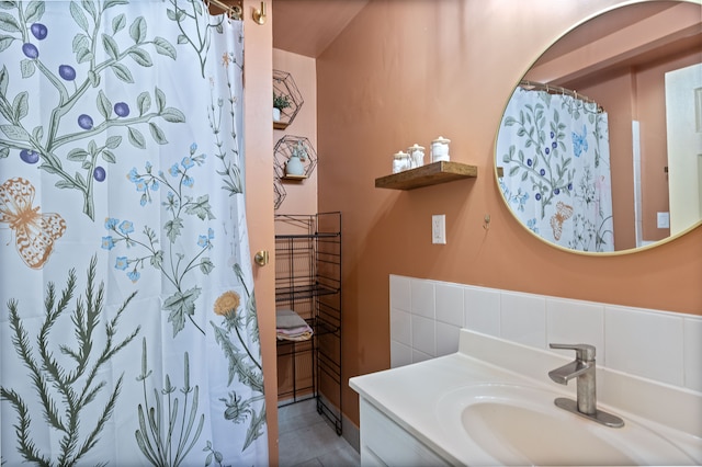 21160 Inkster Rd, Southfield, MI 48033 - bathroom with vanity, a shower with shower curtain, and tile patterned floors