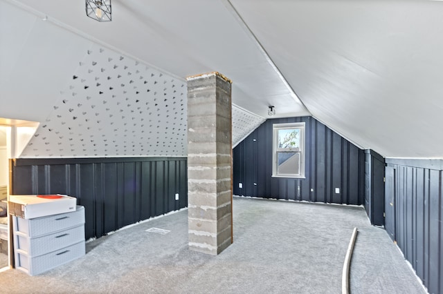 21160 Inkster Rd, Southfield, MI 48033 - additional living space with a wainscoted wall, carpet, and lofted ceiling