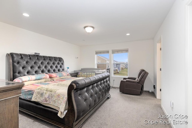 carpeted bedroom with recessed lighting and baseboards