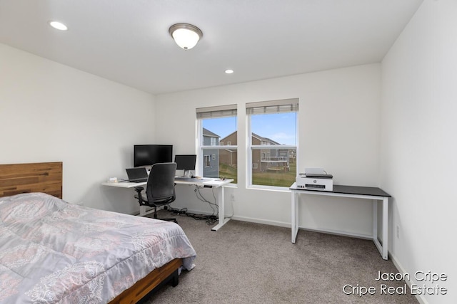 bedroom featuring baseboards, recessed lighting, and carpet