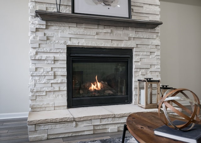 room details with baseboards, wood finished floors, and a stone fireplace