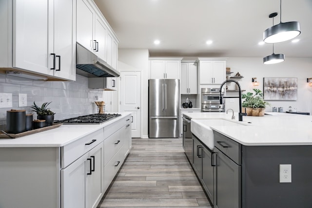 kitchen with light wood finished floors, under cabinet range hood, stainless steel appliances, light countertops, and gray cabinets