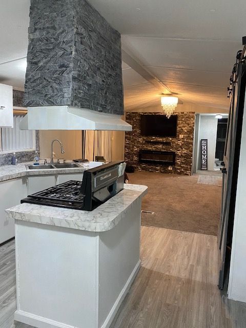 50594 Oregon Ave, Novi, MI 48374 - kitchen with a fireplace, light wood finished floors, light countertops, and a sink