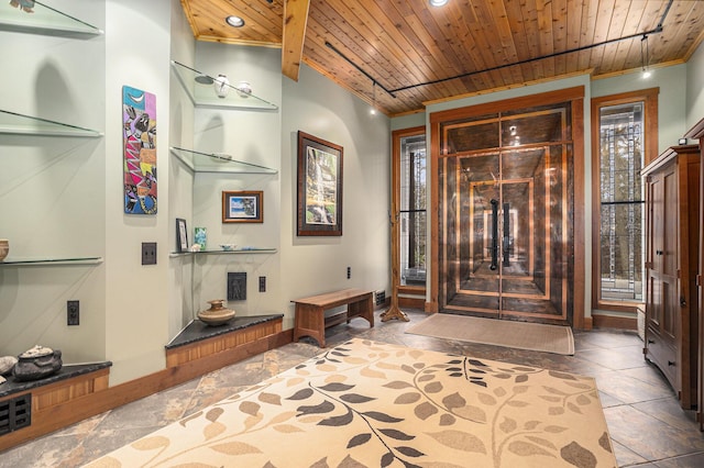 foyer entrance featuring recessed lighting, wooden ceiling, and ornamental molding