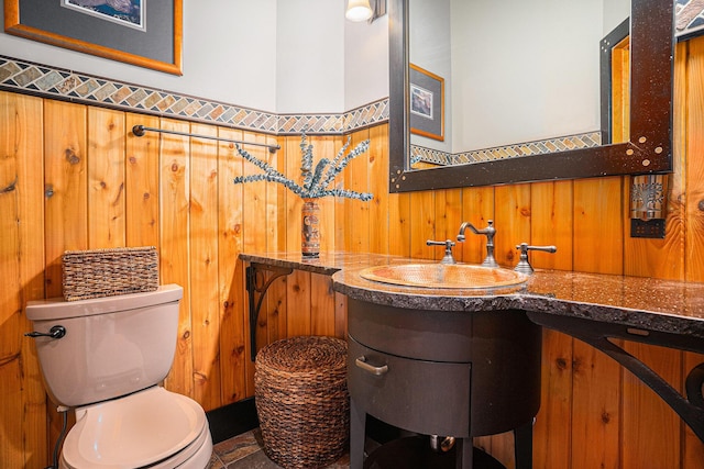 bathroom with wood walls, vanity, and toilet