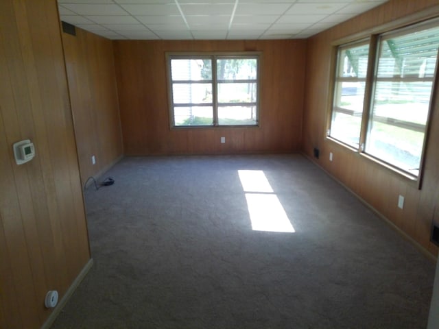 802 Oakridge Dr, Jackson, MI 49203 - empty room featuring wooden walls, baseboards, a drop ceiling, and carpet