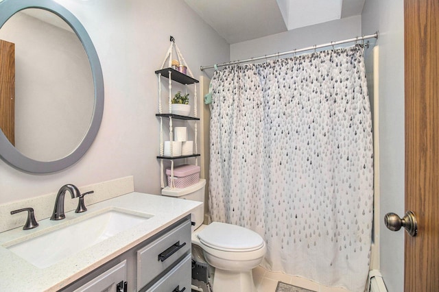full bath featuring toilet, a baseboard radiator, vanity, and curtained shower