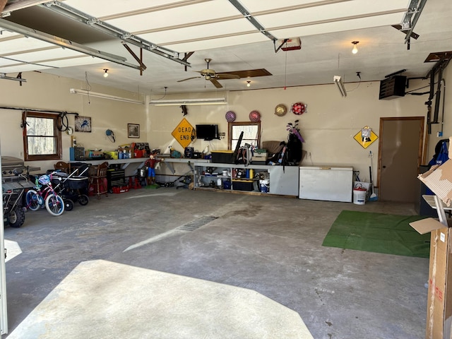 garage with a workshop area