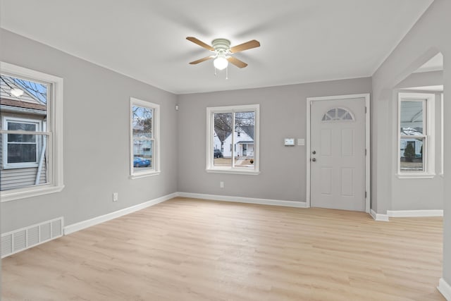 19319 Huntington Rd, Detroit, MI 48219 - foyer entrance with light wood-style flooring, visible vents, baseboards, and ceiling fan