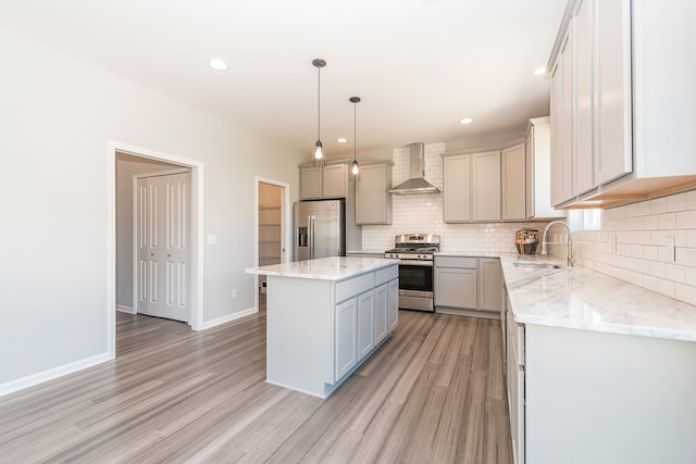 5192 Rolling Hills Dr, Grand Blanc, MI 48439 - kitchen featuring stainless steel appliances, gray cabinets, a sink, and wall chimney range hood