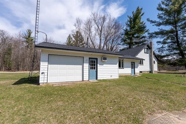 view of front facade with an attached garage, a chimney, and a front lawn