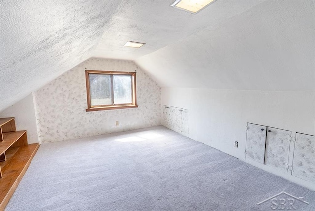 additional living space featuring lofted ceiling, carpet flooring, and a textured ceiling