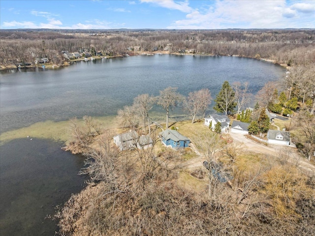 aerial view featuring a view of trees and a water view
