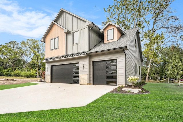 2359 Elinor Ln SE, East Grand Rapids, MI 49506 - craftsman house featuring concrete driveway, a front lawn, board and batten siding, a shingled roof, and a garage