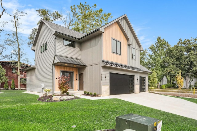 2359 Elinor Ln SE, East Grand Rapids, MI 49506 - modern farmhouse style home with a front lawn, a standing seam roof, driveway, metal roof, and an attached garage