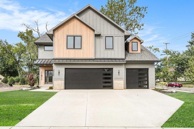 2359 Elinor Ln SE, East Grand Rapids, MI 49506 - view of front of house featuring board and batten siding, driveway, roof with shingles, a front yard, and a garage