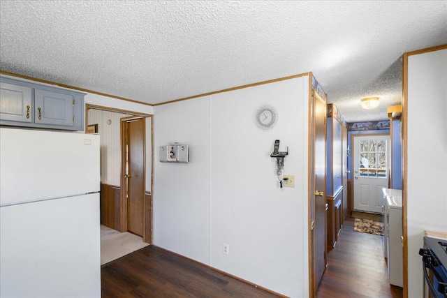 corridor featuring dark wood-style flooring, ornamental molding, and a textured ceiling
