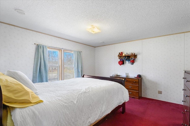 carpeted bedroom featuring a textured ceiling and ornamental molding