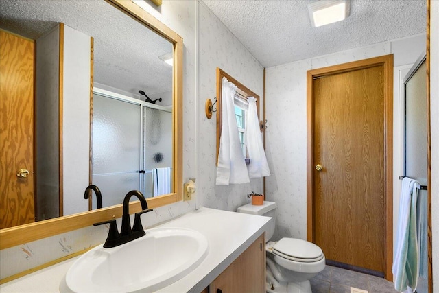 4638 W Mena Creek Xing, White Cloud, MI 49349 - full bath with a textured ceiling, vanity, a stall shower, wallpapered walls, and tile patterned floors