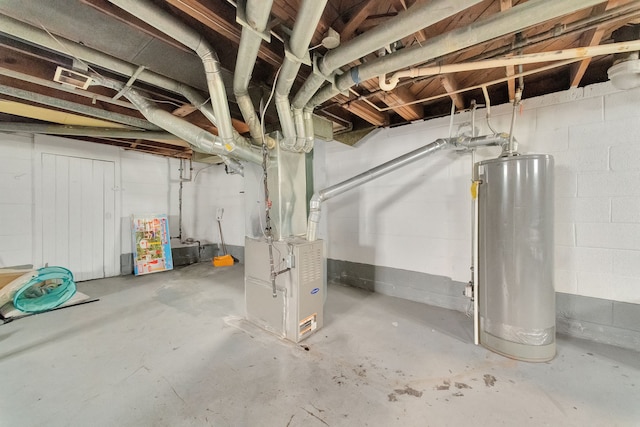 14424 Edmore Dr, Detroit, MI 48205 - unfinished basement featuring concrete block wall, heating unit, and gas water heater