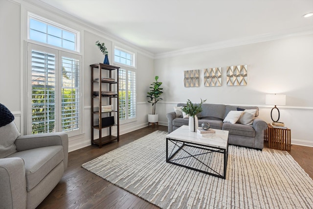 living area featuring baseboards, ornamental molding, and wood finished floors