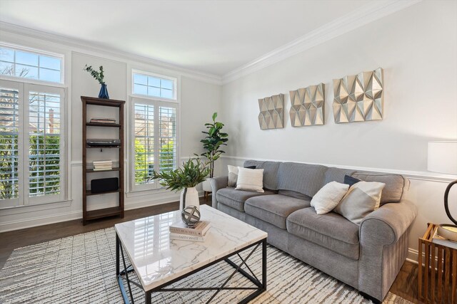 living area featuring crown molding and wood finished floors