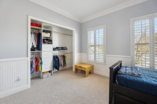 carpeted bedroom featuring a closet, crown molding, and a wainscoted wall