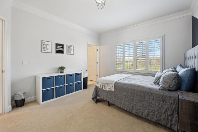 bedroom featuring light colored carpet and ornamental molding