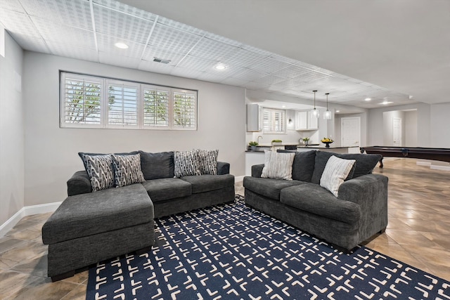 living area featuring baseboards, pool table, recessed lighting, and visible vents