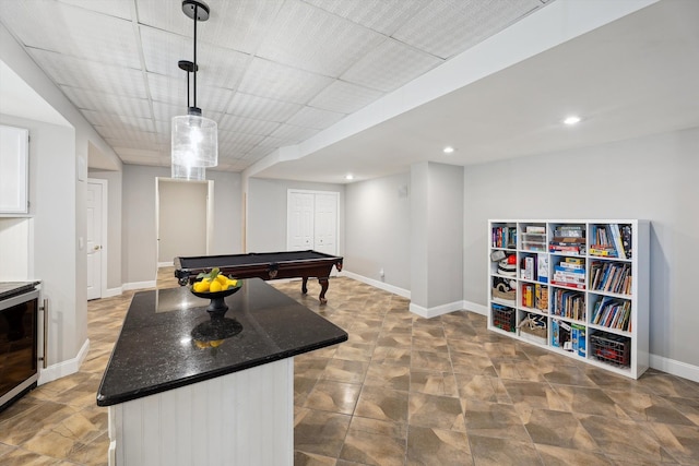 rec room featuring pool table, baseboards, recessed lighting, and wine cooler