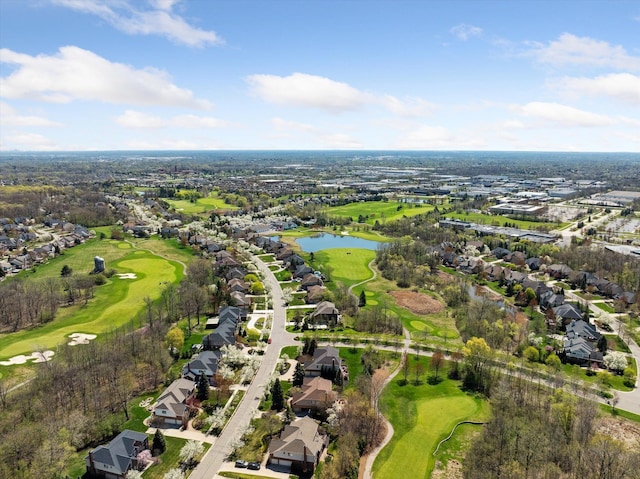 bird's eye view featuring a water view, a residential view, and golf course view