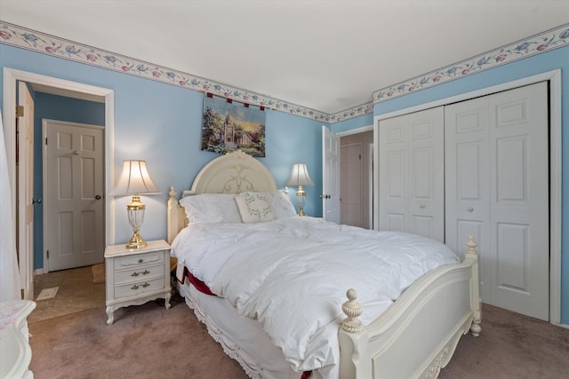 carpeted bedroom with a closet