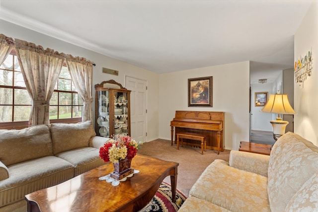 living area with carpet flooring and baseboards