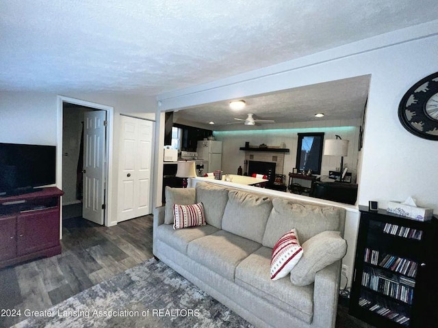 17669 Lake Dr, Barryton, MI 49305 - living room with wood finished floors, a ceiling fan, a fireplace, and a textured ceiling