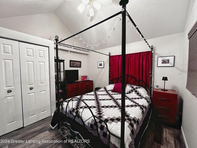 17669 Lake Dr, Barryton, MI 49305 - bedroom with wood finished floors, lofted ceiling, a closet, and baseboards