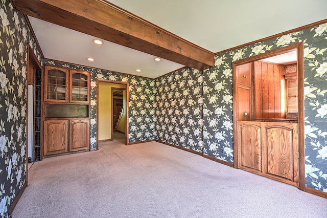 390 Red Oak Ln, Rochester Hills, MI 48307 - unfurnished living room with wallpapered walls, ornamental molding, light carpet, recessed lighting, and baseboards