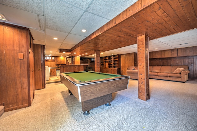 390 Red Oak Ln, Rochester Hills, MI 48307 - recreation room featuring bar, light colored carpet, wooden walls, billiards table, and recessed lighting