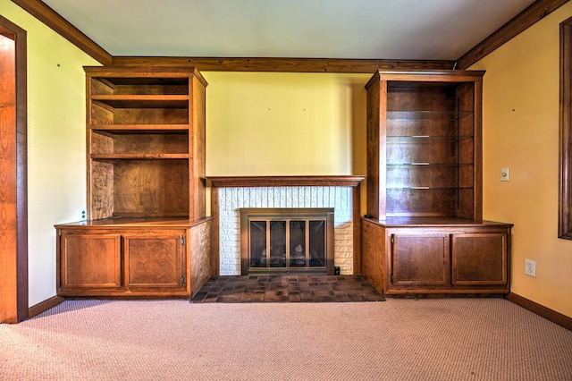 390 Red Oak Ln, Rochester Hills, MI 48307 - unfurnished living room featuring carpet flooring, ornamental molding, a brick fireplace, and baseboards