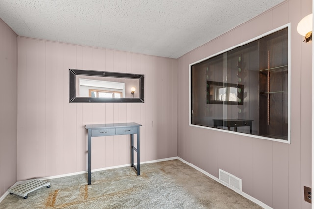 interior space with visible vents, carpet flooring, and a textured ceiling