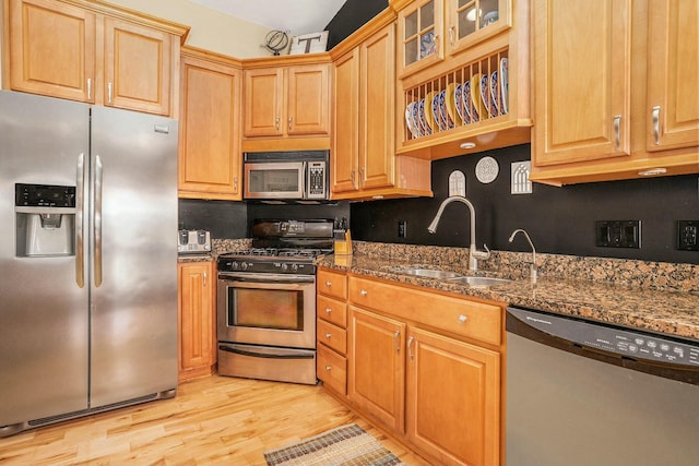 1332 Fluorite Ave, Zeeland, MI 49464 - kitchen featuring dark stone countertops, a sink, glass insert cabinets, light wood finished floors, and appliances with stainless steel finishes