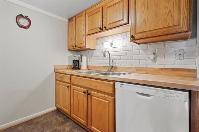 kitchen with white dishwasher, a sink, butcher block countertops, backsplash, and ornamental molding
