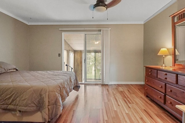 bedroom with access to exterior, crown molding, light wood-style floors, baseboards, and ceiling fan
