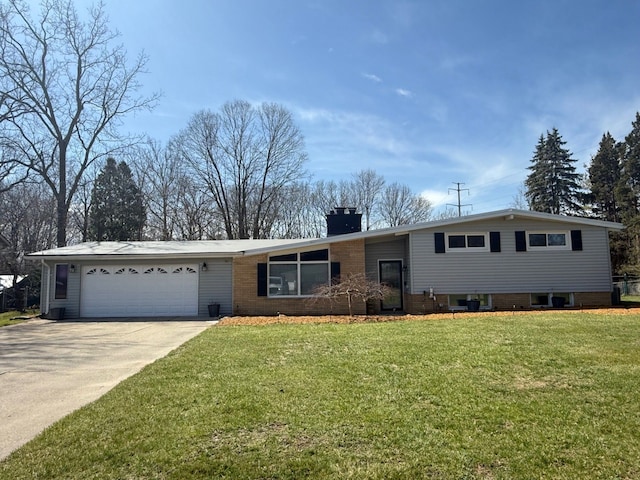 single story home featuring a chimney, an attached garage, driveway, and a front yard
