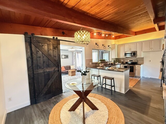 kitchen featuring stainless steel appliances, dark countertops, wooden ceiling, beam ceiling, and a peninsula