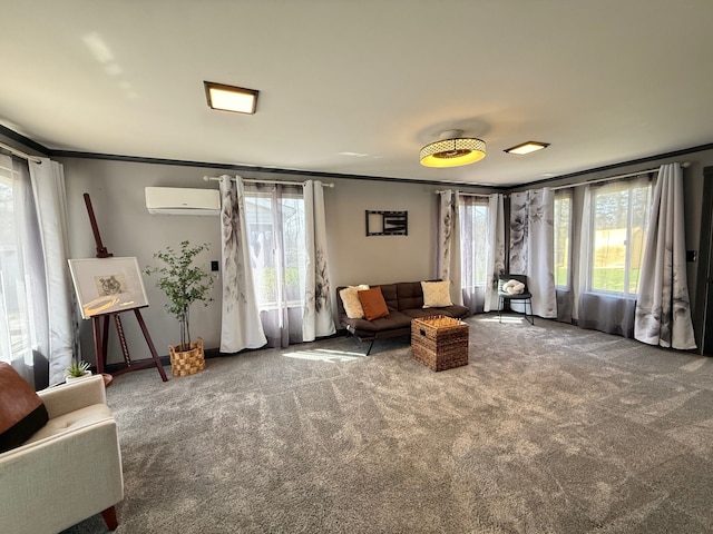 living area with carpet floors, a wall unit AC, and ornamental molding